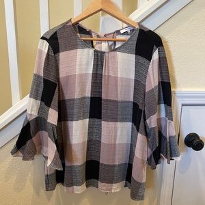 RO & DE Plaid Bell Sleeved Blouse